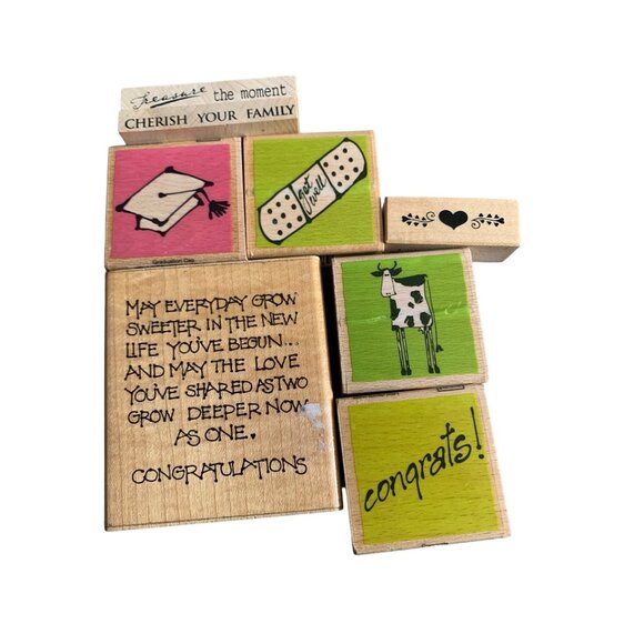 8-Piece Wooden Stamp Set For Crafts & Cards Congrats Cow Band-Aid Cherish Family - Picture 1 of 3